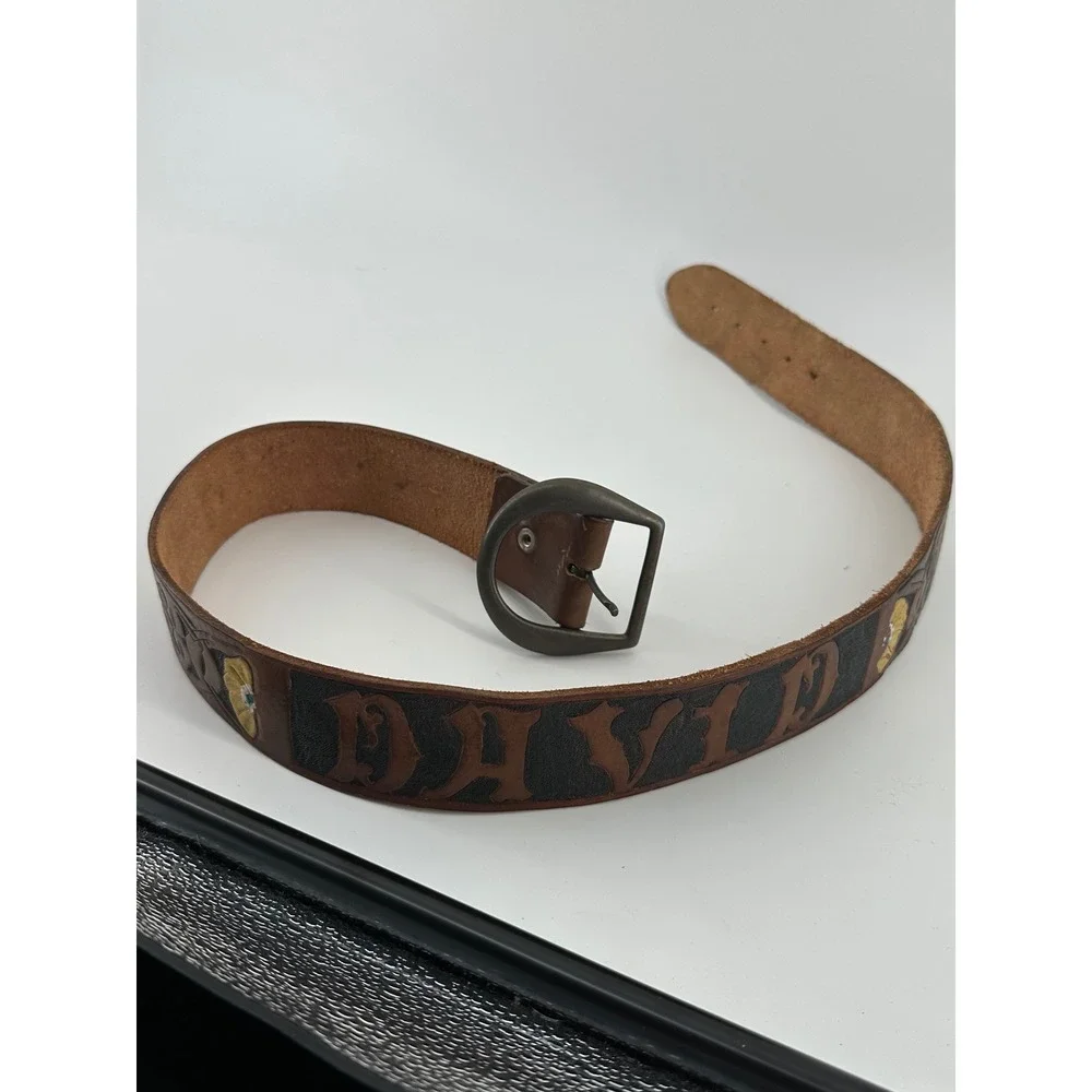 Vintage Hand Tooled Leather Belt David Name Personalized Western Floral Brown